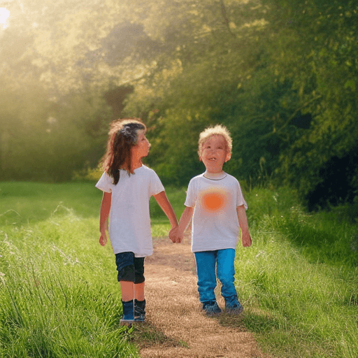 AI generated: boy and girl walking while they are holding their hands in a field. sunny day. from the back 
