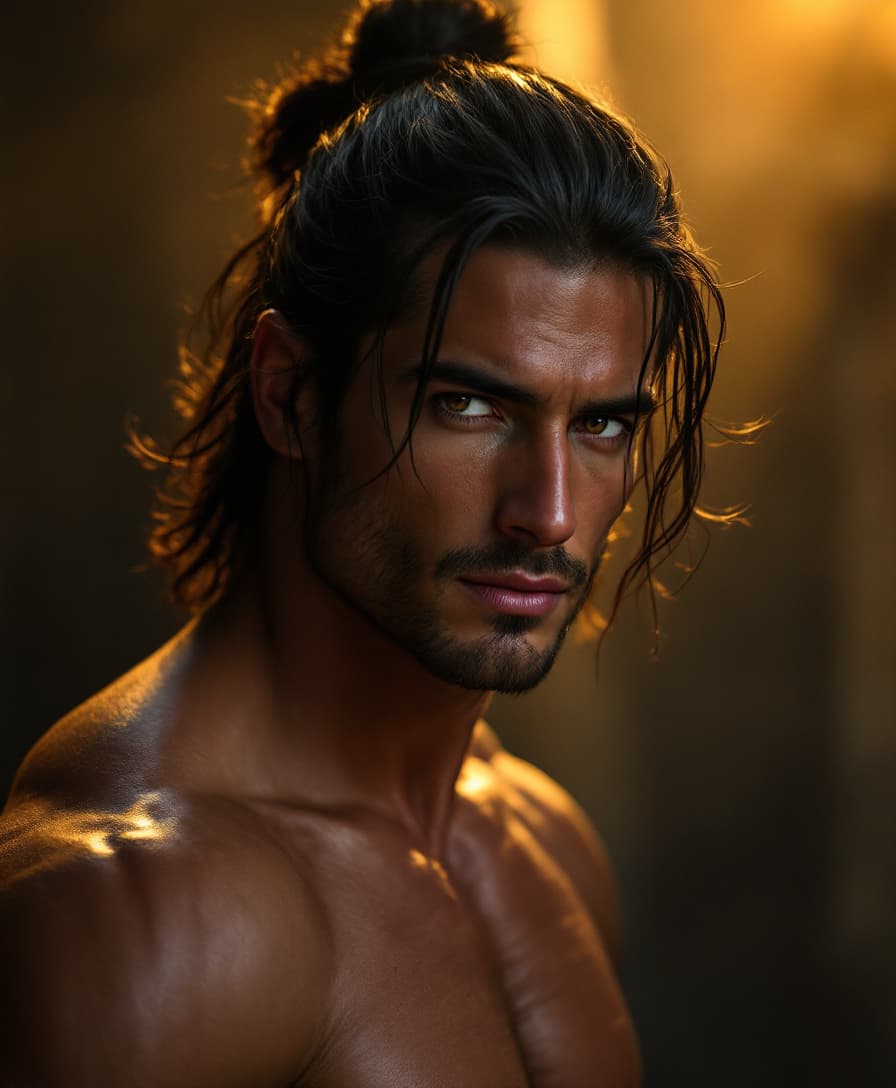 AI generated: Hyper realistic   cinematic potrait of a strong, man, muscular body,shoulder-length dark hair, in ha...
