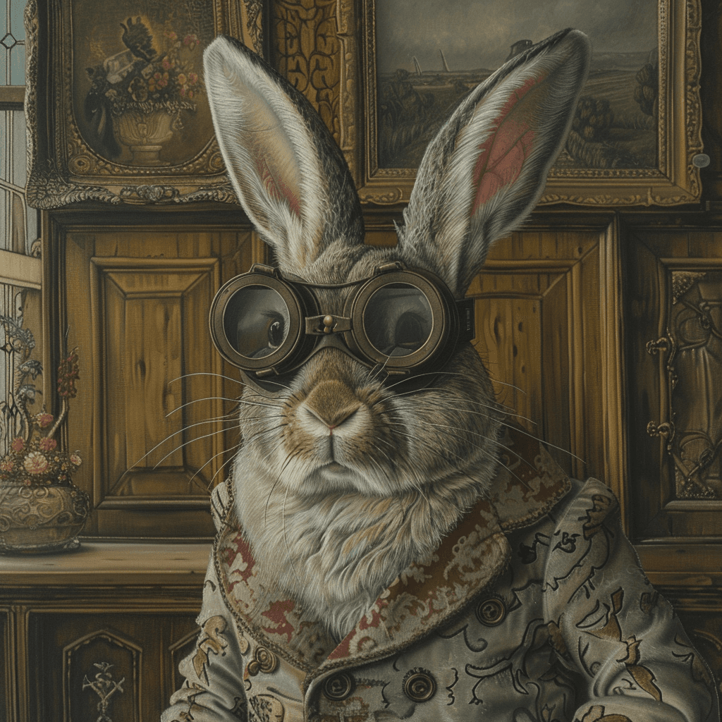 AI generated: rabbit in an oak lined room wearing goggles over his eyes, in the style of realistic hyper-detailed ...