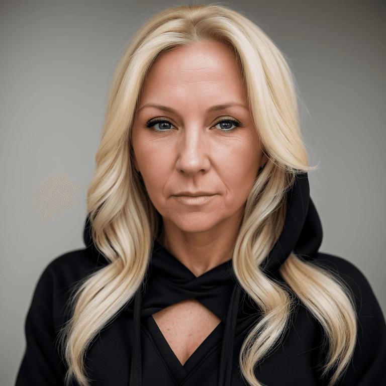 AI generated: hyper realistic headshot photo of a 45 year old woman, wearing a black hoodie, blonde long hair,  lo...