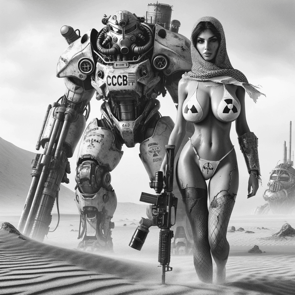 AI generated: A black and white cinematic scene set in a post-apocalyptic desert landscape. To the left, a towerin...