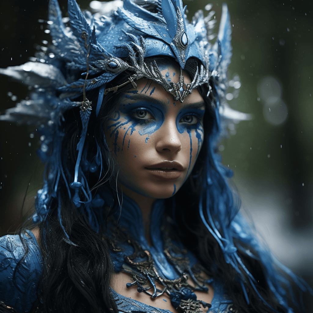 AI generated: a young woman dressed as an elf in mystical blue paint, in the style of zeen chin, 32k uhd, cultural...