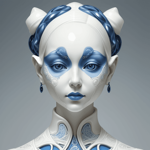 AI generated: a woman made out of porcelain, in the style of balanced symmetry, white and blue, detailed facial fe...