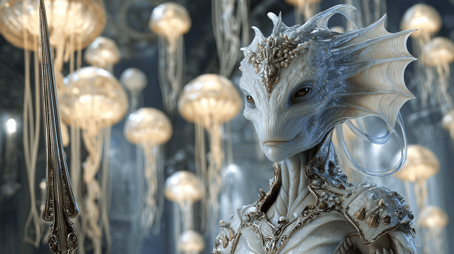 AI generated: epic portrait of a formidable female Atlantean commander, an elegant amphibian humanoid. Her elongat...