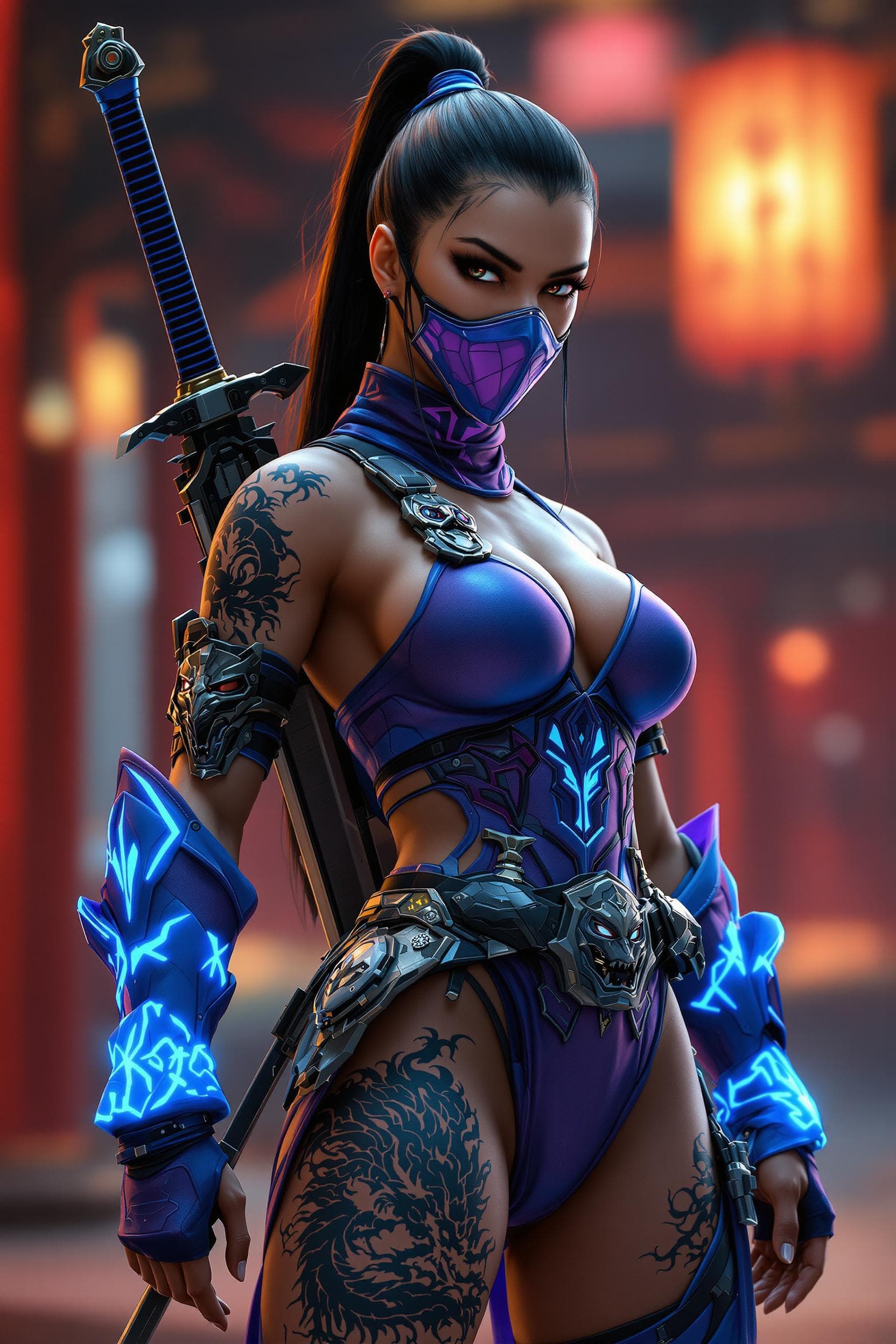 AI generated: Ultra-realistic cyberpunk Kitana, Mortal Kombat character, wearing royal princess warrior suit, main...