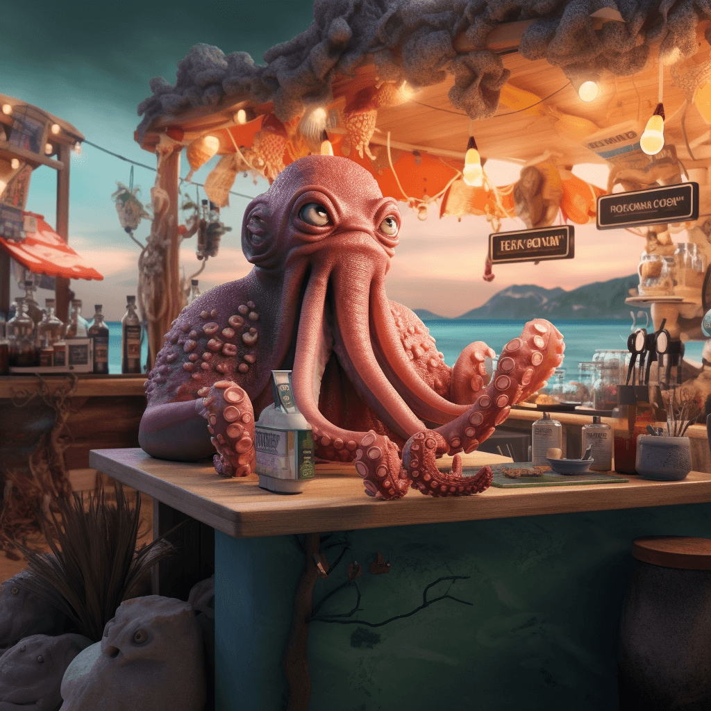 AI generated: octopus bartender serves fish customers at a beachside bar 
-variant 