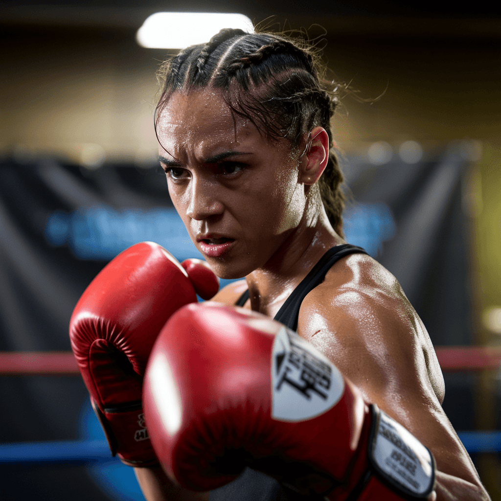 AI generated: cinematic photo A photo of a (focused athlete:1.3), (intensity in her eyes:1.2), (red boxing gloves:...