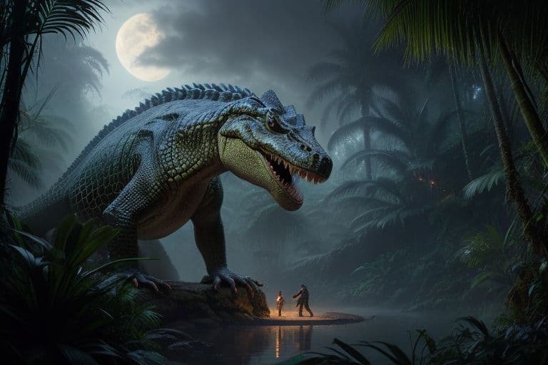 AI generated: Hyper realistic eye level exterior photo of crocodile monster, in the jungle, at nighttime, furry-dr...