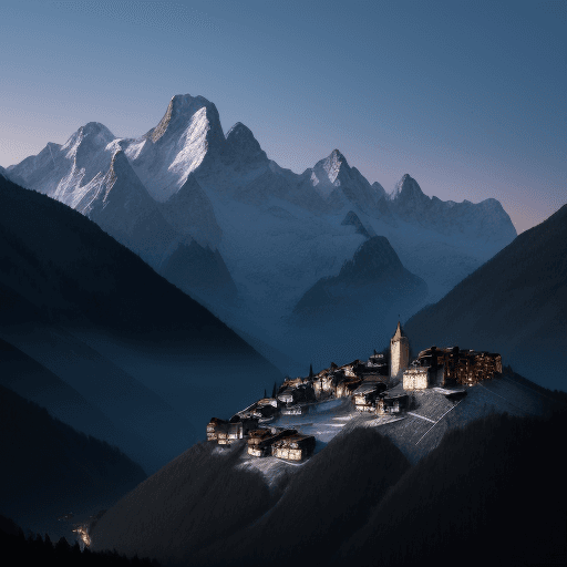 AI generated: the Alps dramatic lighting with a village --c 33 --ar 40:28 --s 999 --v 6.0