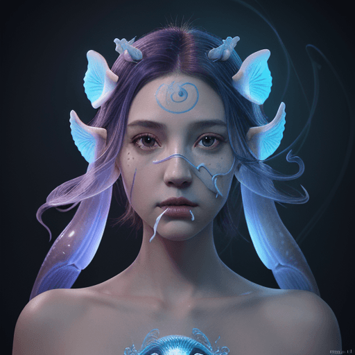 AI generated: Goddess close-up portrait ribcagel. jellyfish phoenix head, nautilus, orchid, skull, betta fish, bio...