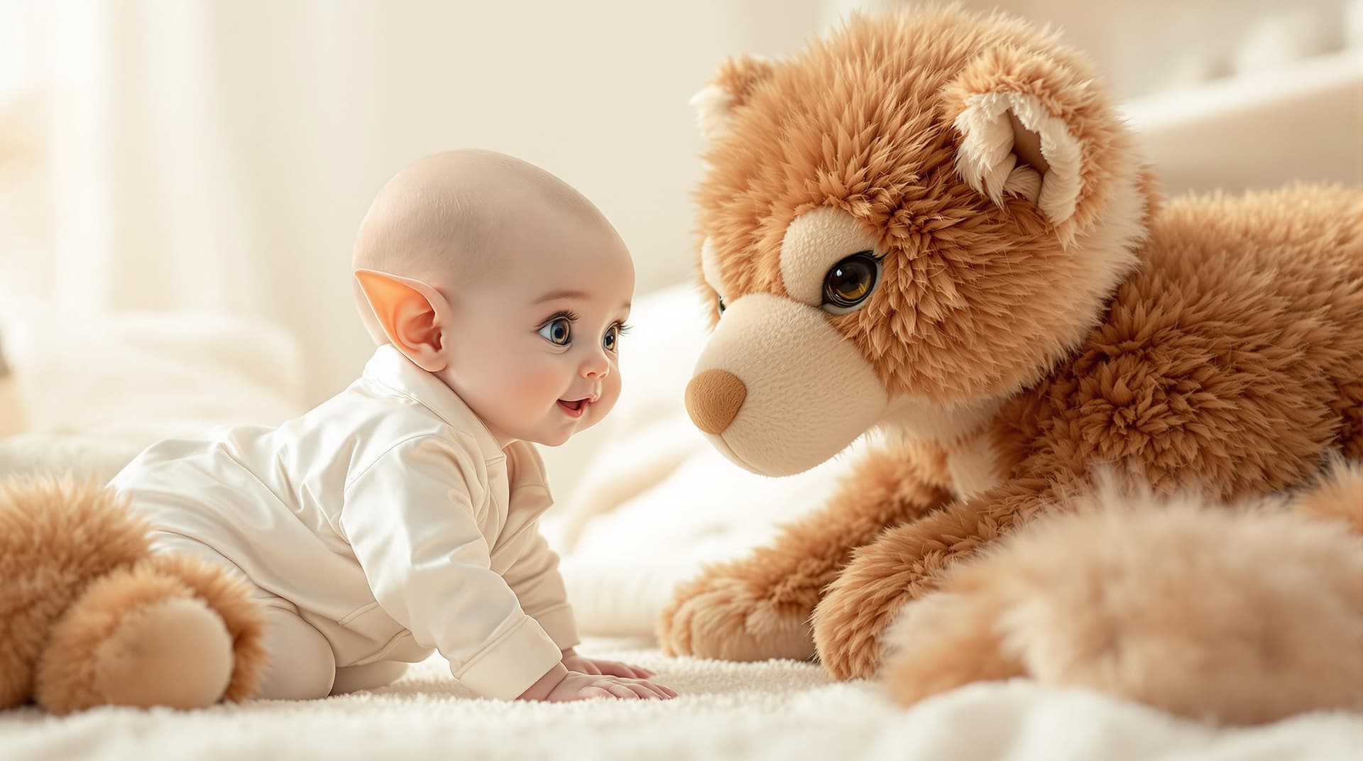 AI generated:  a beautiful and (cute alien baby ) with topaz color eyes,pointed ears, wearing a silk white adorabl...