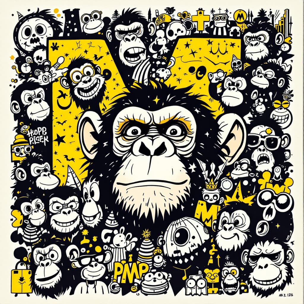 AI generated: An intricate and mainly black and white, and yellow, (two contrasting, extra colors for details), gr...