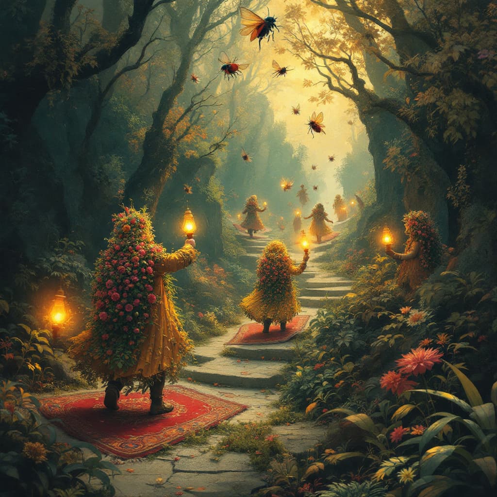 AI generated: Fairy-tale image where people fly on carpets, firebugs serve as lamps, people wear clothes from plan...
