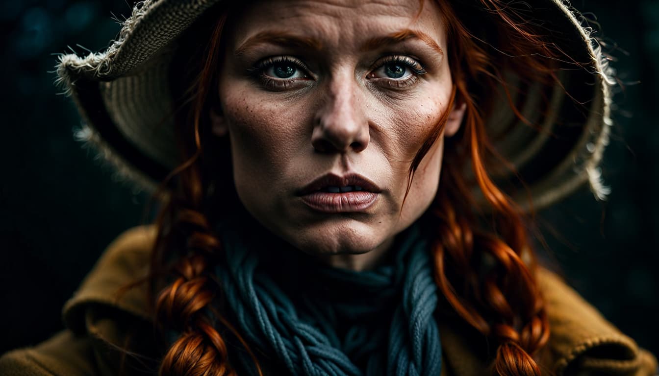 AI generated: 500mm Cinematic intricate photograph of ginger female-fisherman, model face, 8k, eye contact:2, half...