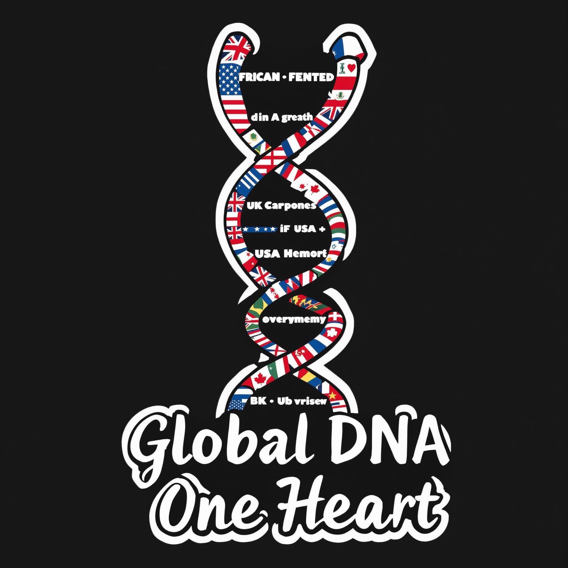 AI generated: "A compact and eye-catching design of a DNA strand morphing into flags from different countries (USA...