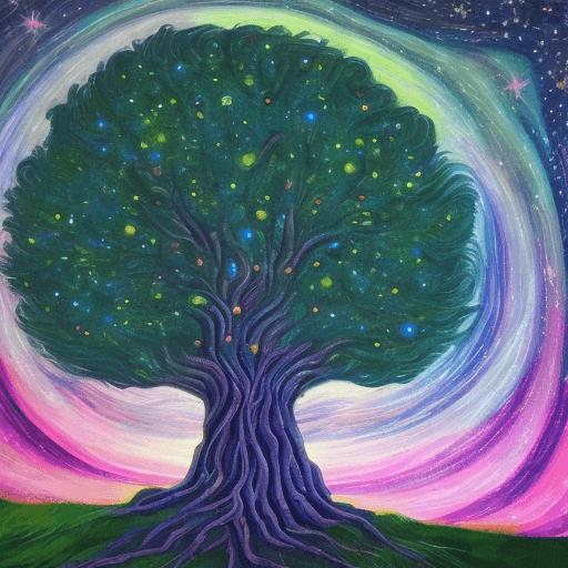 AI generated: bright painting of a tree with stars in the sky, in the style of dreamlike fantasy creatures, multil...
