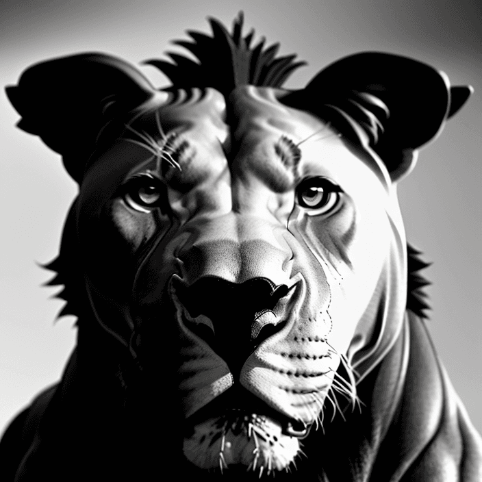 AI generated: head of a lion. body of a pitbull. detailed. made of rubber. proud stance. monochrome. 8k cinematic....