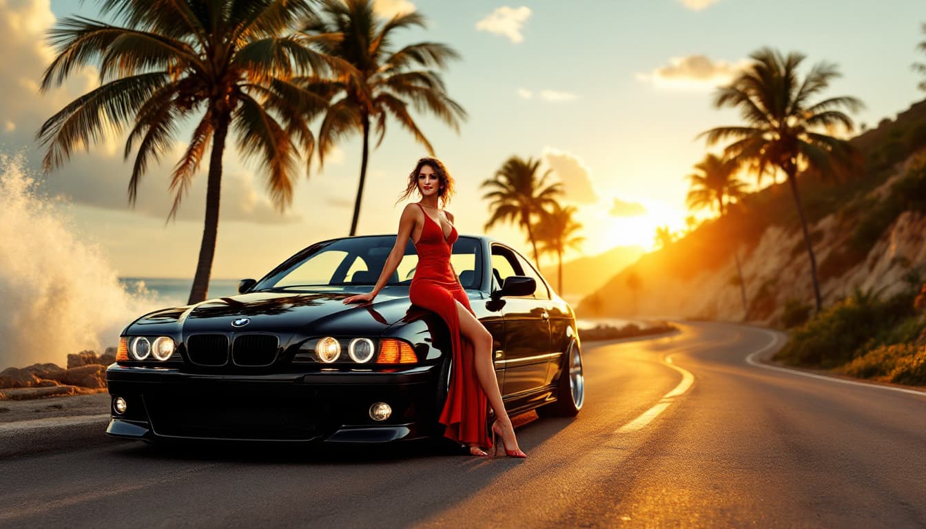 AI generated: A sleek BMW E39, its glossy black paint reflecting the golden hues of a sunset, stands proudly on a ...