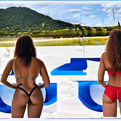 AI generated: three 30 years old beautiful women in bikini from behind, bikini with ruffles, midsize breasts, perf...