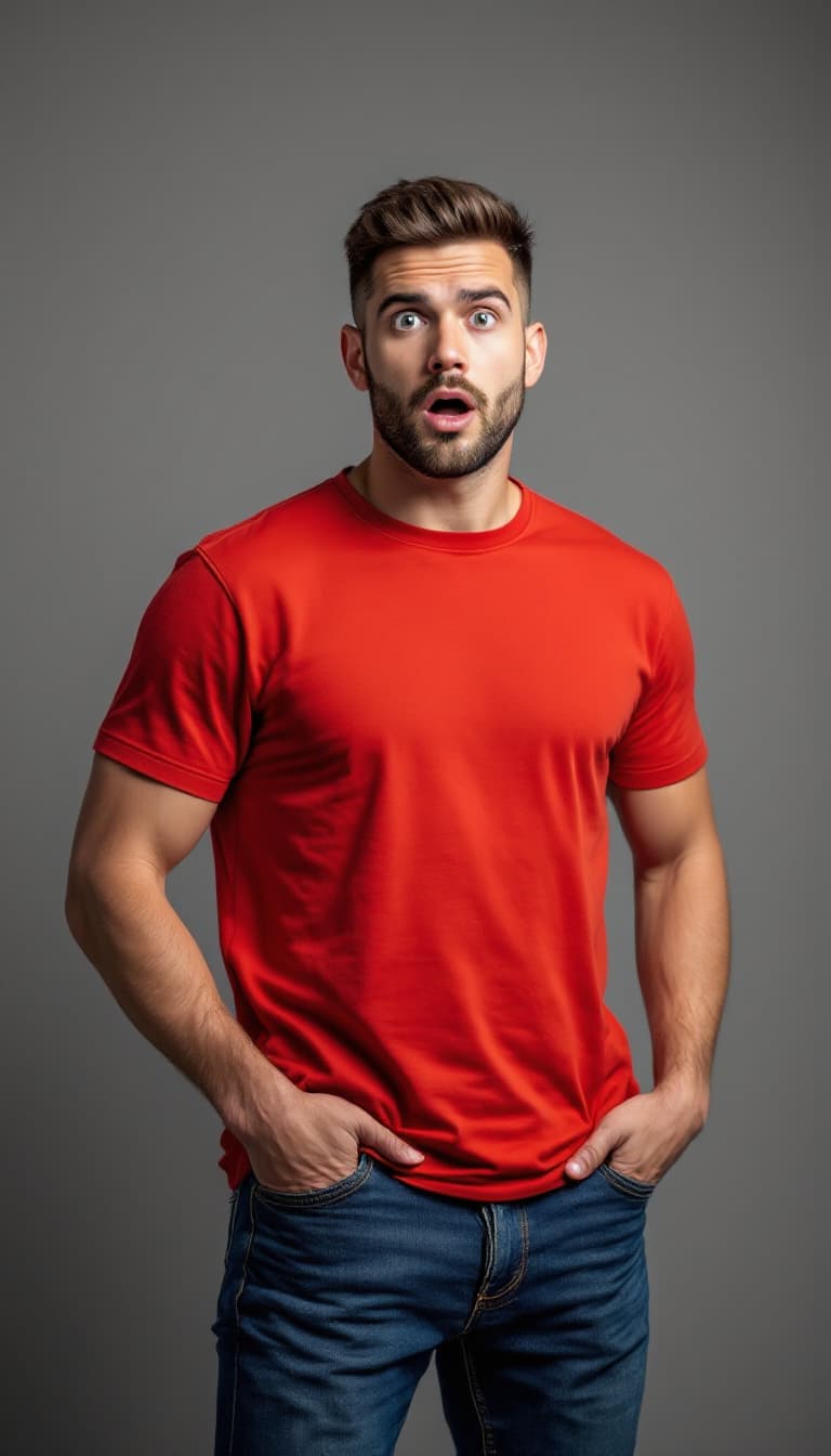AI generated: photograph of a handsome, stunned caucasian man standing, short burst-taper dark hair, trimmed shave...