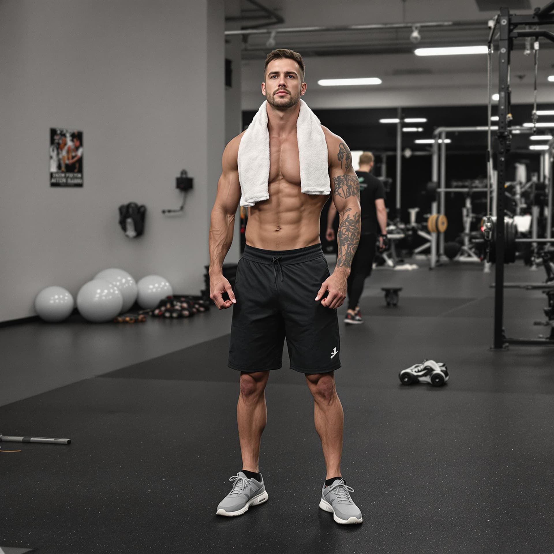 AI generated: man at the gym with towel around neck, gym clothes and sneakers