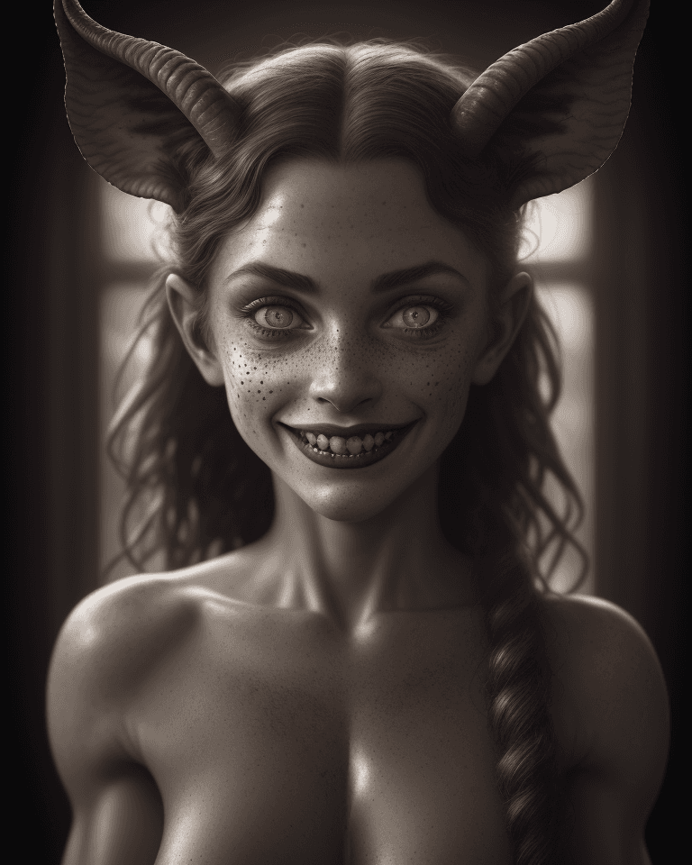 AI generated: a beautiful satyr woman showing shoulder intricate details, crazy grin, glowing freckles, HDR, beaut...