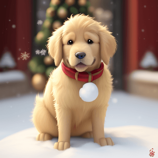 AI generated: Pixar cartoon style Golden retriever, Christmas scene, high focus image, 

