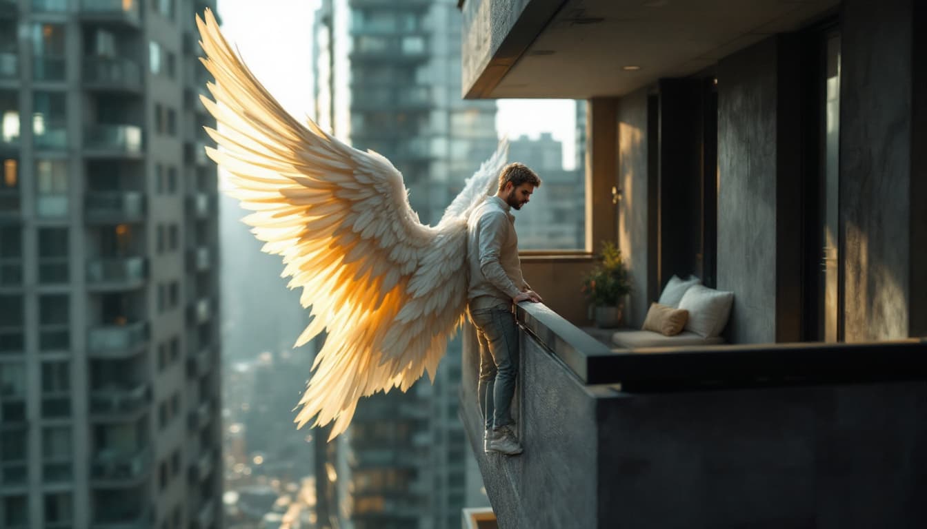 AI generated: a guy in jeans stands on the edge of a balcony of a multi-story building, angel wings behind him. He...