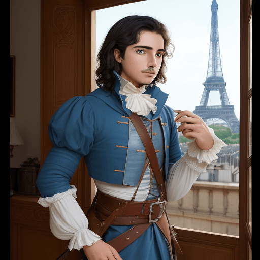 AI generated: The young and ambitious D'Artagnan is preparing to leave his home. He packs his belongings, eager to...