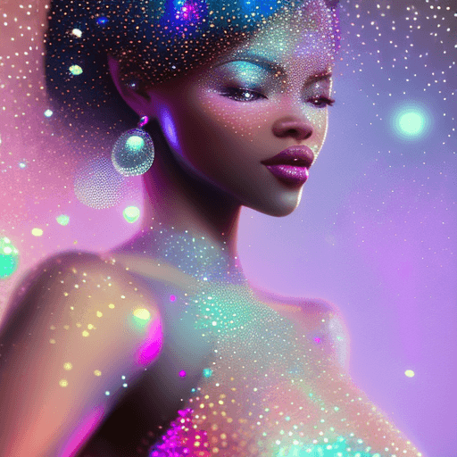 AI generated: gorgeous woman created from diamond, silk, diamonds, gems, sparkling dots, in crystal cave backgroun...
