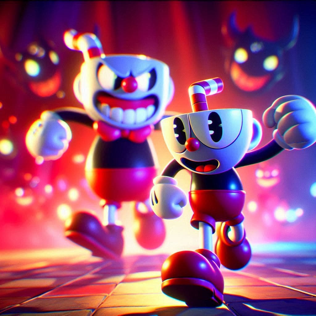 AI generated: villano de cuphead vs el diablo gameplay 3d render, fondo desenfocado, colores vivos y vibrantes, re...