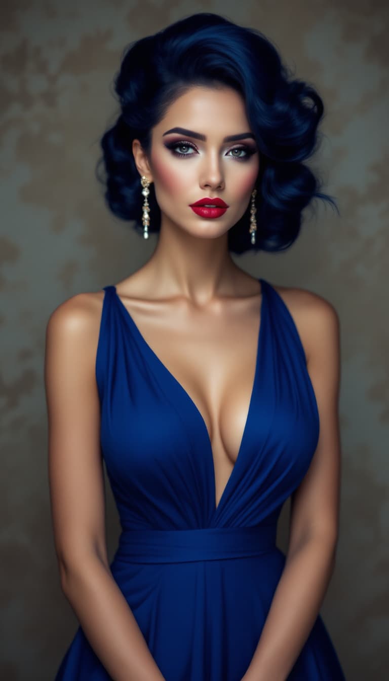 AI generated: "Sapphire Grace in Diffused Light": A sophisticated figure with flowing, midnight-blue hair fashione...