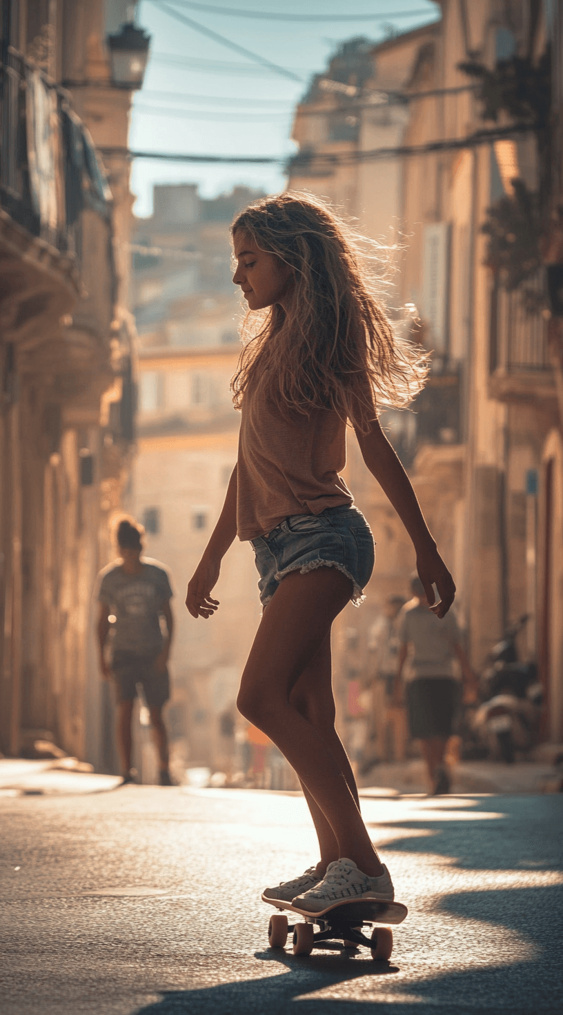 AI generated: Photograph of a girl on a skateboard, with an Italian street in the background, captured during the ...