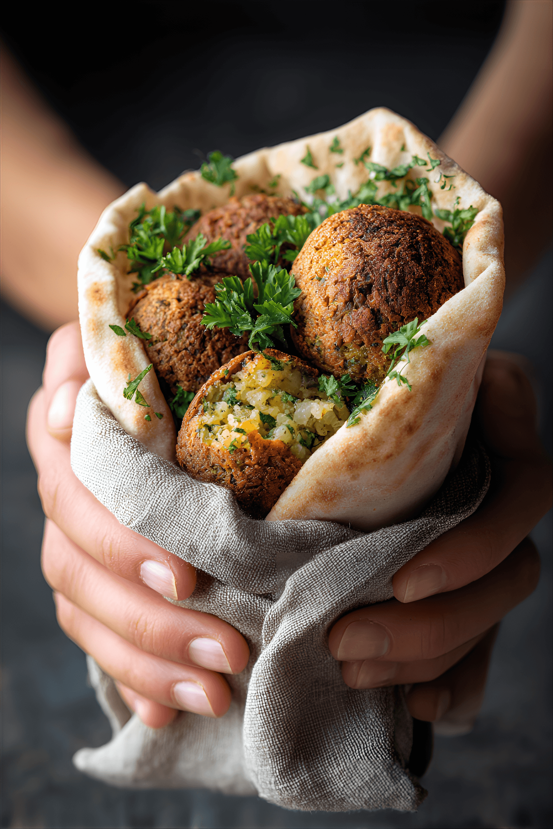 AI generated: falafel in a pita pocket, held in hands,  crispy brown falafel balls with a slightly green interior,...