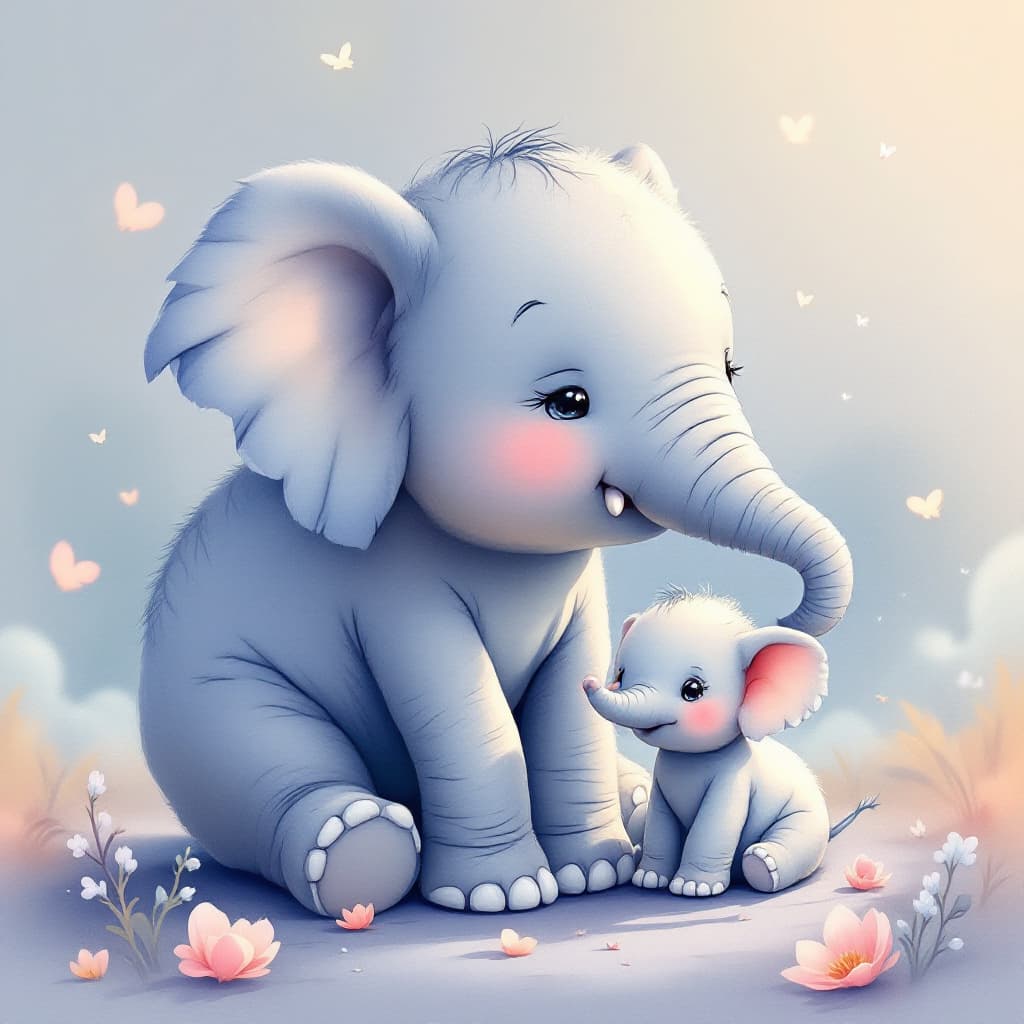 AI generated: Elefante e seu filhote baby
em um estilo suave de desenho animado em aquarela inspirado em anime com...