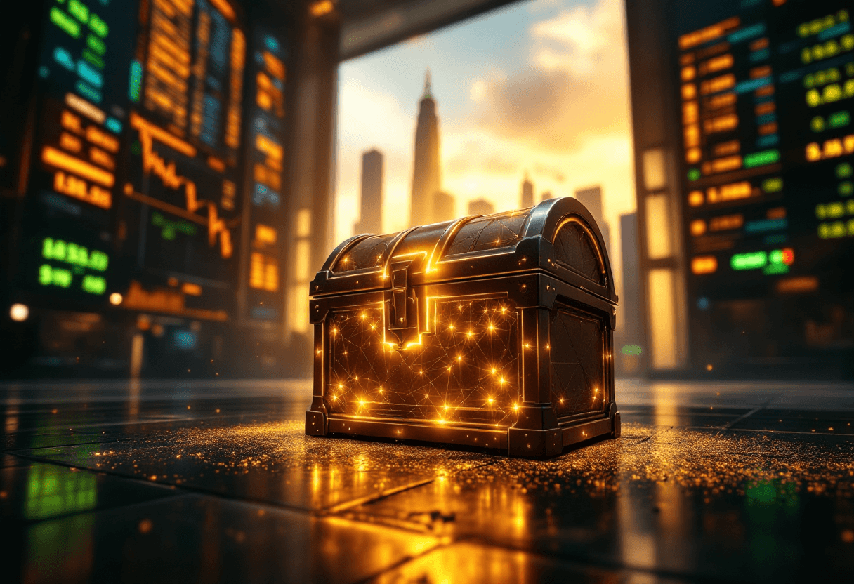 AI generated: A sleek treasure chest glowing gold light in a dark trading floor. In the background, a stock ticker...