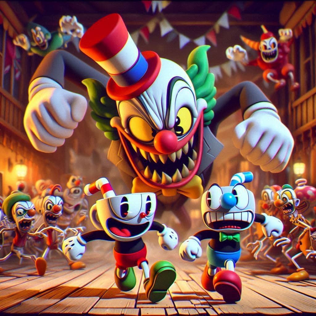 AI generated: villano de cuphead vs el payaso boss gameplay 3d render, fondo desenfocado, animacion estilo años 30...