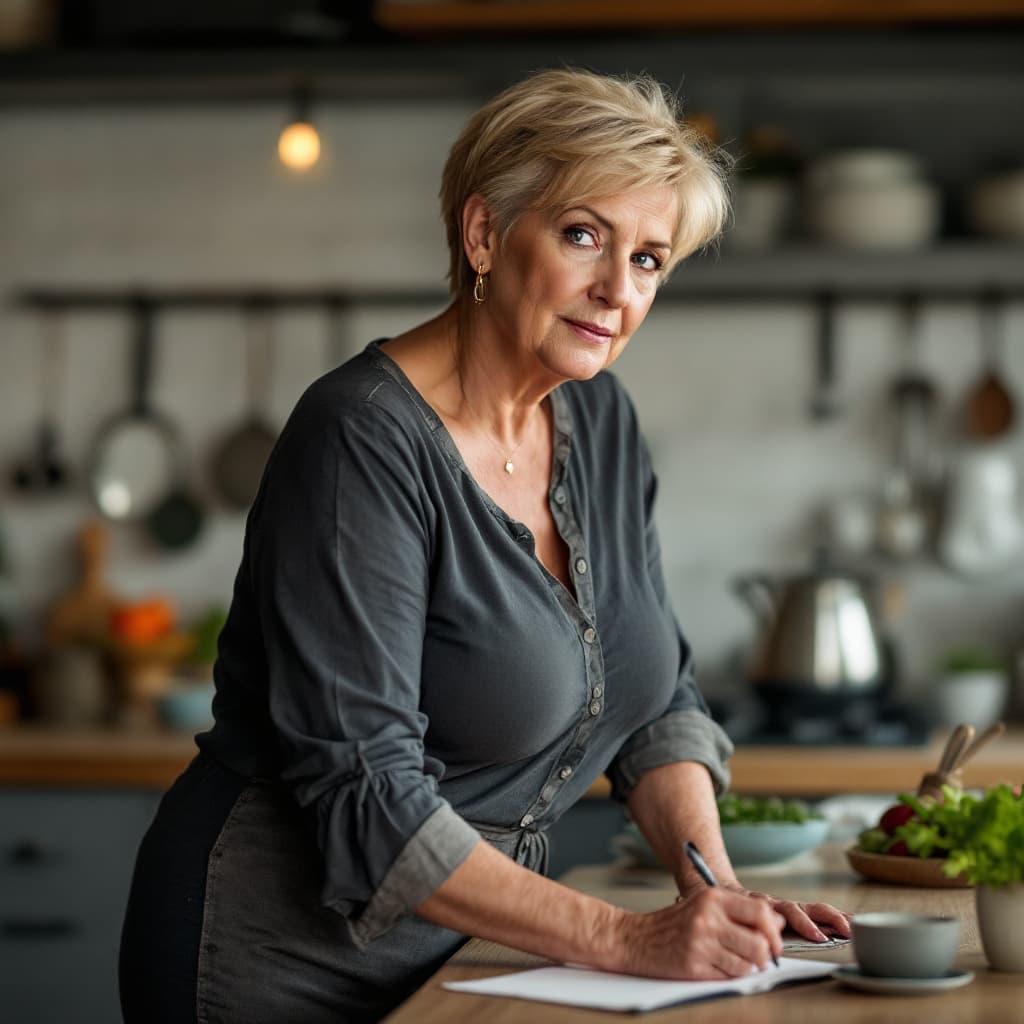 AI generated:  60 years old mature woman, 70kg  body, blonde pixie hair, wearing linergie  in the kitchen, side vi...