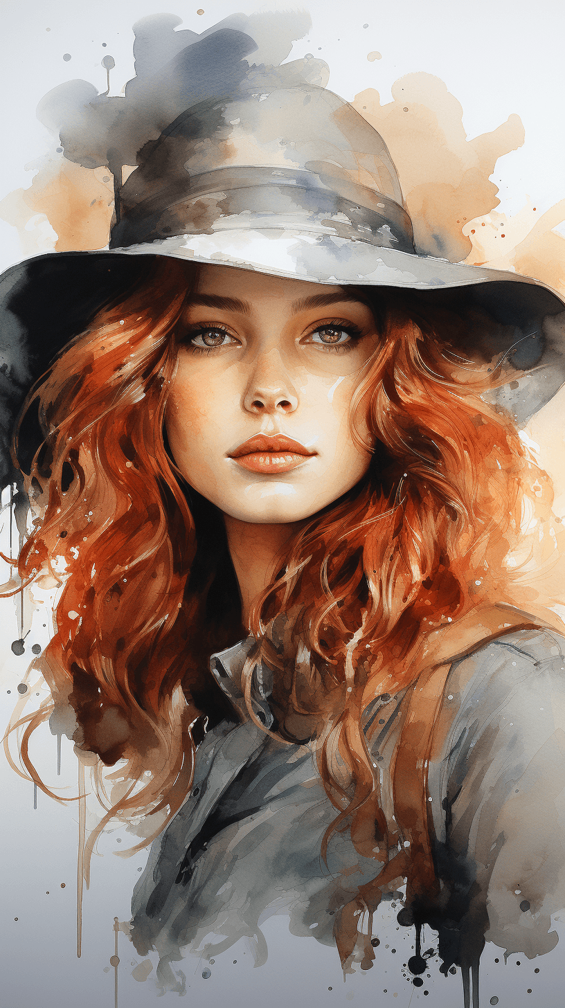 AI generated: this watercolor portrait of a girl wearing a hat, in the style of photobashing, david nordahl, peter...
