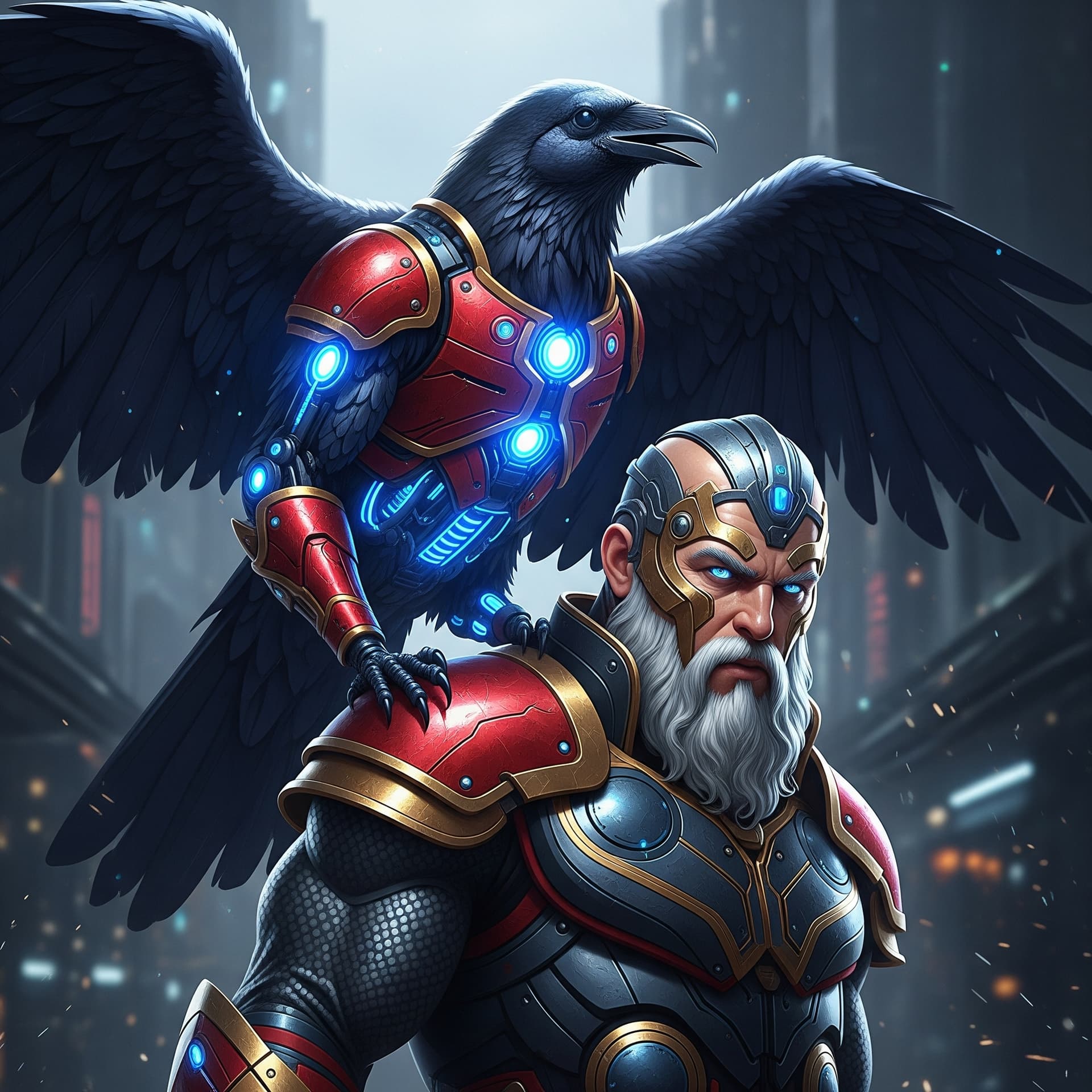 AI generated: A futuristic, stylized raven with glowing blue robotic components and red and gold armor, perched on...