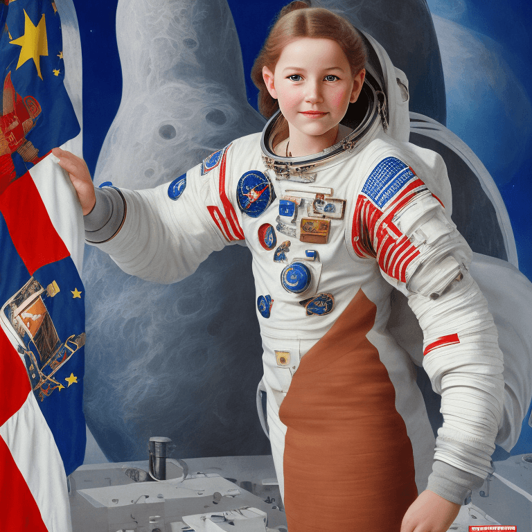 AI generated: Photorealistic image of a 12-year-old girl of European appearance in an astronaut's uniform. On the ...