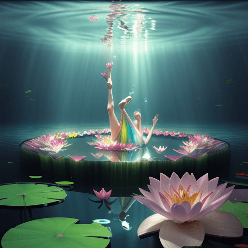 AI generated: Ballet underwater with refracted rainbows in a peaceful lily pond in high summer - Tibor Nagy , 3d r...