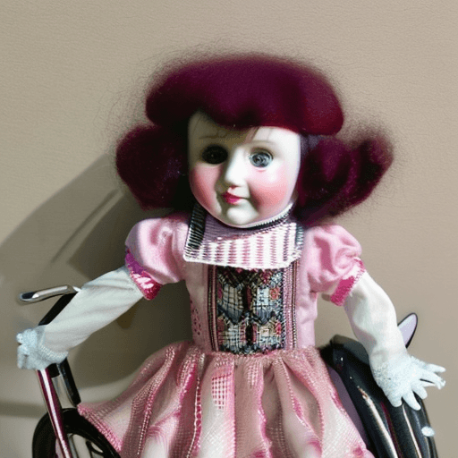 AI generated: realistic face, glassy eyes,goth porcelain doll in a clowns outfit,dark hair with bangs,riding a tri...