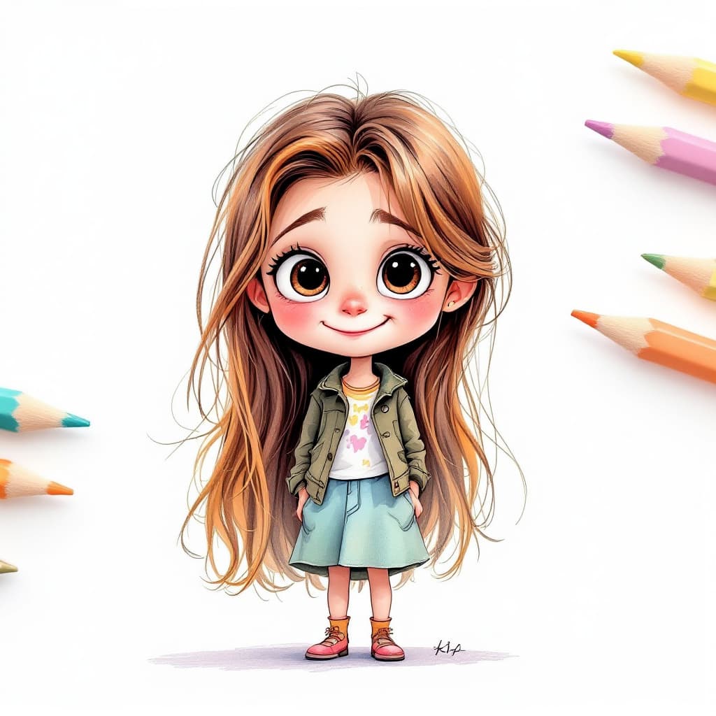 AI generated: Cartoon pencil drawing, cute little girl, 5 years old, colored pencils, Pixar style, hilariously fun...