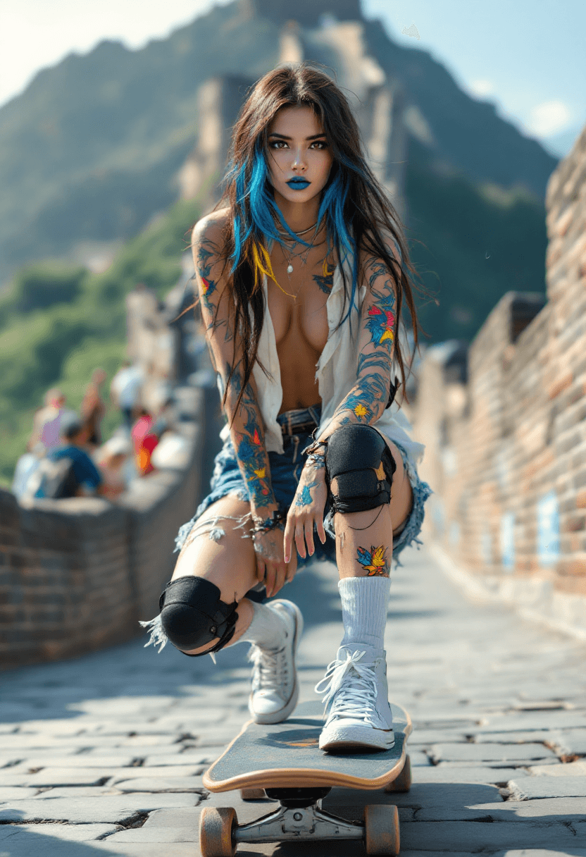 AI generated: (8K) masterpiece image of a beautiful brunette Chinese girl riding a skateboard down the Great Wall ...