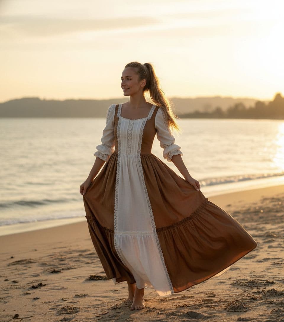 AI generated: a dark blond woman with long ponytail hair is standing in the beach, in the style of dark white and ...