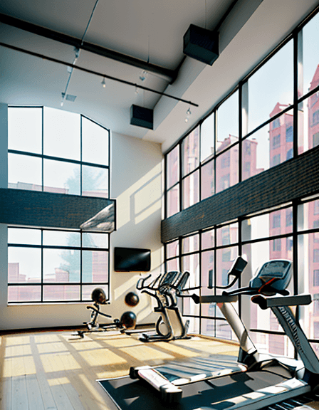 AI generated: High resolution photography of interior design, of a gym inside a building with around apartments fi...