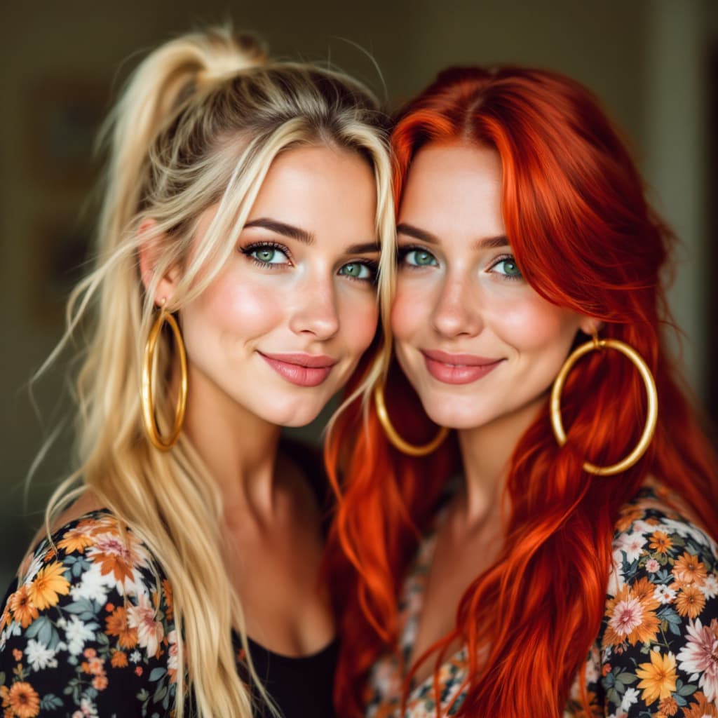 AI generated: Portrait of a loving lesbian couple, one woman has long blond hair in a ponytail and green eyes. Her...