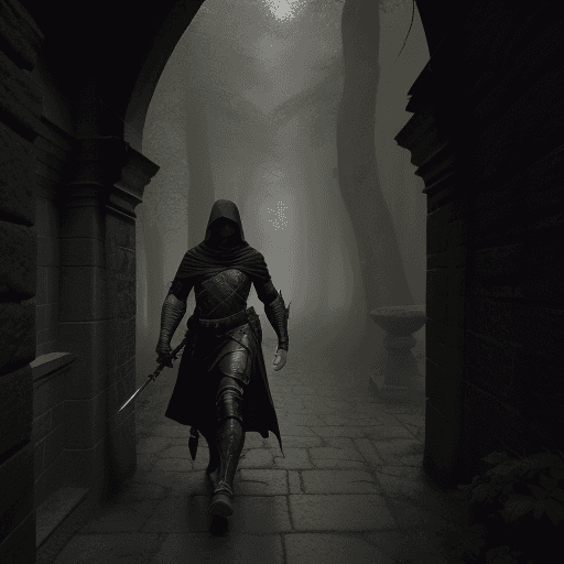 AI generated: The photo shows a figure in dark armor and hood holding a sword and walking through an ancient stone...