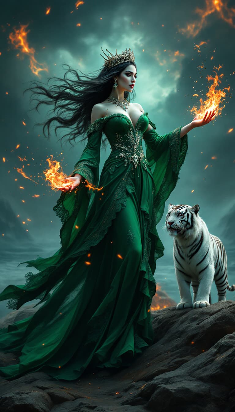AI generated: arafed gothic queen with large round breast and windy long hair wearing all green royal traditional ...